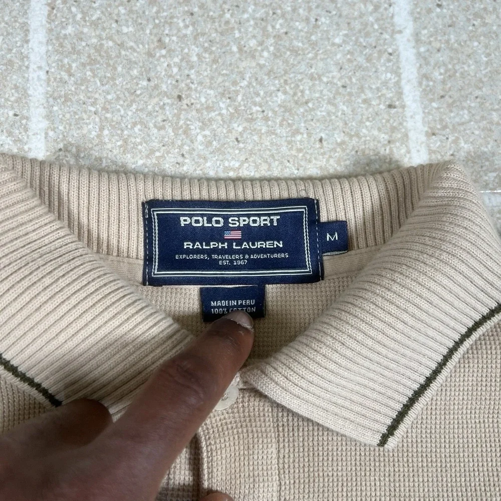 Vintage Polo Sport Ralph Lauren Shirt Sz M Tan Textured Pique Flag 90s